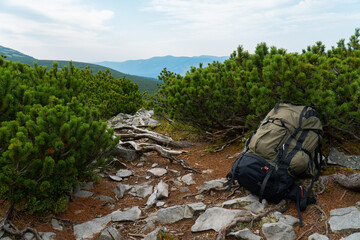 tourist backpack in the mountains. green hiking backpack.
