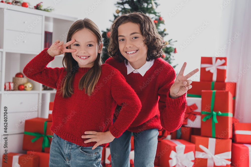 Sticker Portrait of two attractive cheerful siblings having fun party showing v-sign December wintertime eve at home house indoors