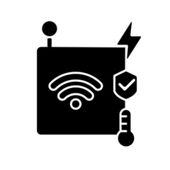 IoT sensors black glyph icon. Information transmission over wireless network. Smart home security system. Temperature sensor type. Silhouette symbol on white space. Vector isolated illustration