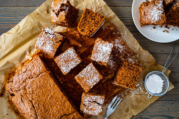 Carrot cake on wooden table