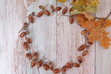 Frame made of acorns and oak leaves on a light wood background. autumn concept. Copy spase