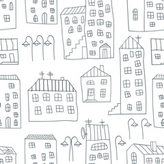 Cartoon cityscape. Cute urban background. Outline. Coloring book for child. Seamless vector pattern.
