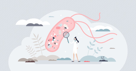 Mechanism of antibiotic resistance development in bacteria cell tiny person concept. Female scientist researching medication processes in human gut. Medical challenges because of bacterial mutation. - obrazy, fototapety, plakaty