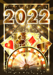 New 2022 year, Christmas Casino banner with poker cards and roulette, vector illustration