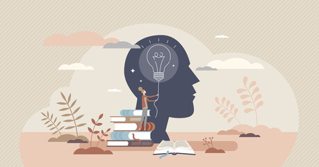 Educational psychology tiny person concept with light bulb and head. Teaching techniques for minds intellectual development. Empowering human curiosity, imagination and discovery process by learning.