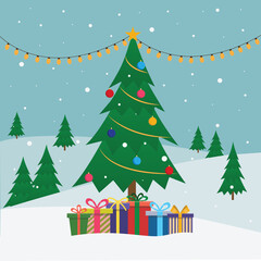 Obraz premium Holiday background with a christmas tree and presents. Flat cartoon vector illustration