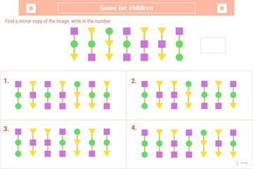  Logic puzzle game for children. Select and write down the number of the correct mirror image of the figure. Development of spatial thinking