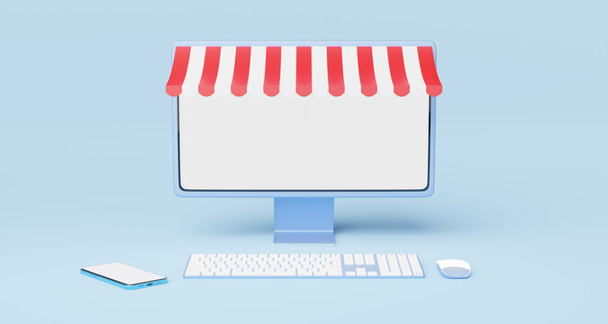 Blue computer monitor with awning, keyboard, mouse, phone. Social media marketing online, e commerce, digital store, shop app concept. place work startup office. desktop blank white screen. 3d render.