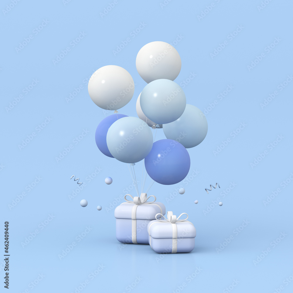 Poster 3d rendering of gift box and balloons. minimal concept.