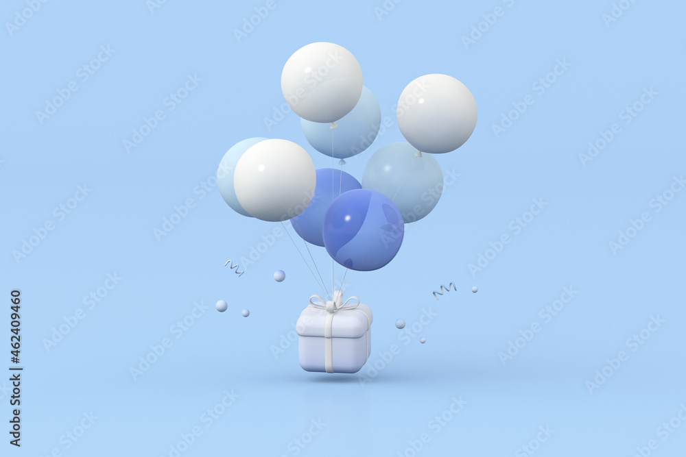Poster 3d rendering of gift box and balloons. minimal concept.