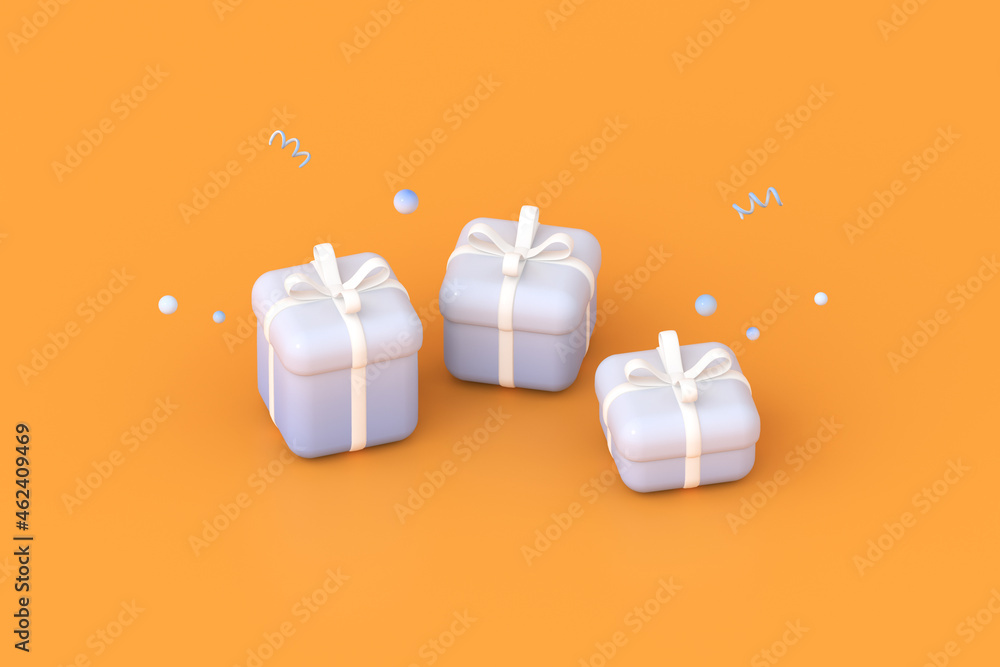 Poster 3d rendering of gift boxes on orange background.