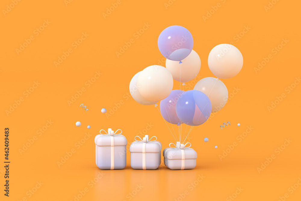 Poster 3d rendering of gift box and balloons. minimal concept.