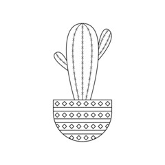 Icon with linear cactus. Linear vector illustration with exotic cactus. Succulent outline logo. Decorative flowering plant in a pot.