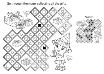 Maze or Labyrinth Game. Puzzle. Coloring Page Outline Of cartoon little girl with gifts. Birthday. Coloring book for kids.
