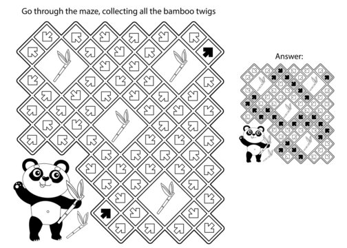 Maze or Labyrinth Game. Puzzle. Coloring Page Outline Of cartoon little panda with bamboo twigs. Coloring book for kids.