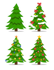 Decorated xmas trees. New Years tree with heralds, striped christmas pine. 2020 winter holidays party green fir with garland decoration. Vector illustration