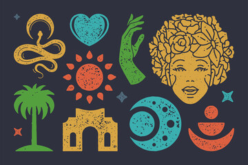 Antique womans head in flowers and boho symbol of sun. Esoteric snake with crescent moon. Vector textured symbols