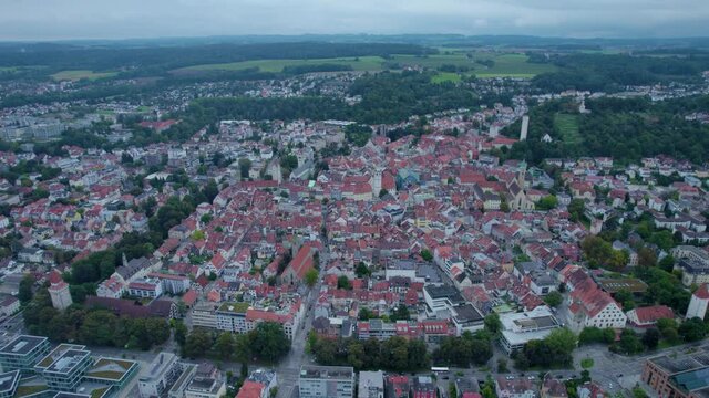 Aerial of the city Ravensburg in Germany on a cloudy day in summer