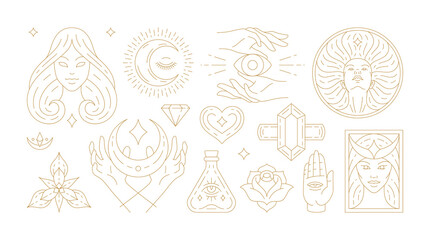Magic woman boho vector illustrations of graceful feminine women and esoteric symbols set