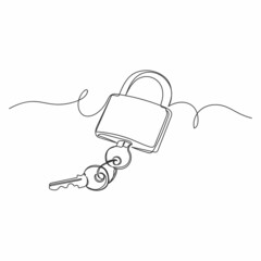 Continuous one line drawing of closed padlock with keys in silhouette on a white background. Linear stylized.