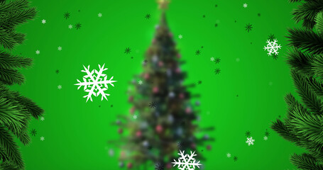 Image of falling snowflakes over christmas tree