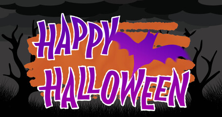 Image of halloween greetings and bat moving over orange and black background with trees