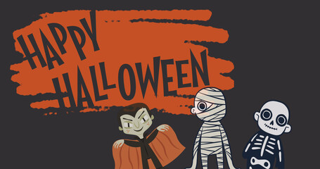 Image of halloween greetings and characters on orange and brown background