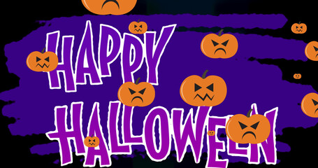 Image of halloween greetings and pumpkins moving over purple background with trees