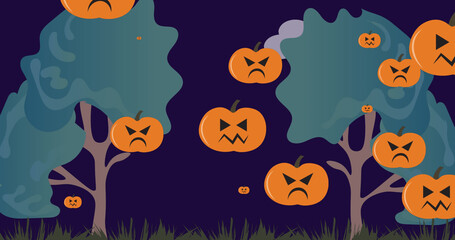 Image of pumpkins moving over dark blue background with trees