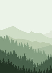 Vector illustration of beautiful  mountain landscape with fog and forest. Sunrise and sunset in mountains. Vector illustration, poster
