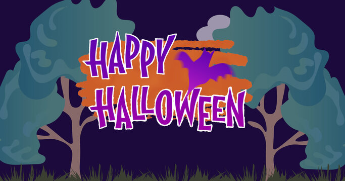 Image of halloween greetings and bat over dark blue background with trees