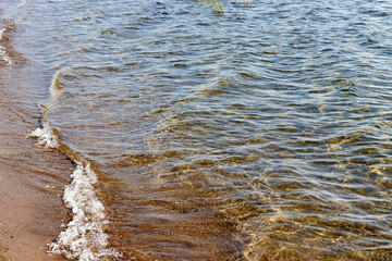 waves breaking on the sandy shore of the lake