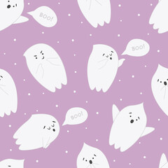 Halloween seamless pattern with ghosts. White ghosts on orange background. Pattern for your design paper, textile.