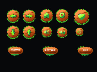 Set of buttons for games, applications and websites. Cute cartoon buttons design. Isolated vector.