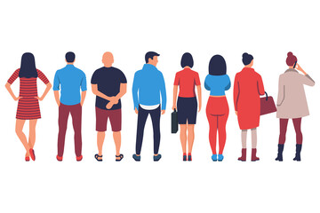 Fototapeta premium People stand back. Young fashionable people in beautiful outfits. Set of man and woman standing. Vector illustration flat design. Isolated on white background. Character caucasian.