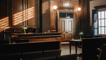 Empty American Style Courtroom. Supreme Court of Law and Justice Trial Stand. Courthouse Before...
