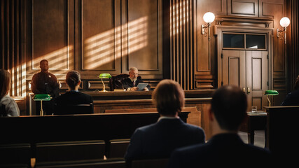 Obraz premium Court of Justice Trial: Impartial Judge and Public are Sitting, Listening. Supreme Federal Court Judge Starts Civil Case Hearing. Sentencing Law Offender.