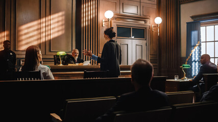 Court of Justice and Law Trial: Successful Female Public Defender Presenting the Case, Making Passionate Speech to Judge, Jury. Attorney Lawyer Protecting Client with Closing Not Guilty Arguments.