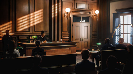 Court of Justice and Law Trial: Public is Sitting on Benches, Listening to Impartial Judge. Supreme...