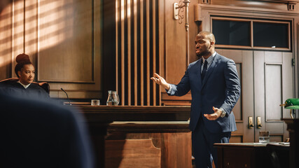 Court of Justice and Law Trial: Male Public Defender Presenting Case, Making Passionate Speech to...