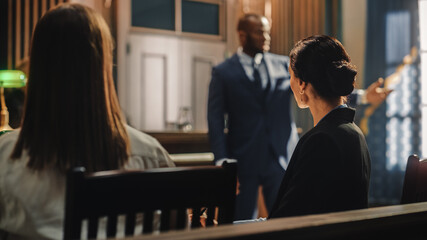 Court of Justice and Law Trial: Female Prosecutor Listening and Writing Down Notes to the Case...