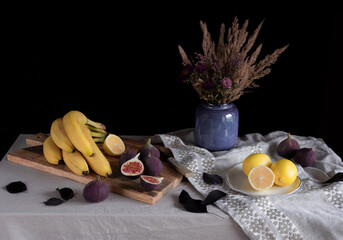 Still life with bananas and lemons, yellow and purple palette, moody, painting reference
