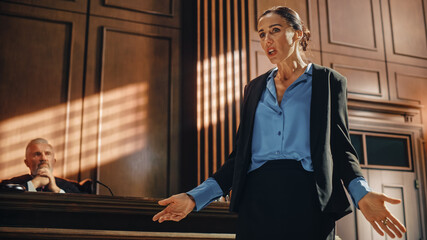 Court of Justice and Law Trial: Successful Female Public Defender Presenting the Case, Making...