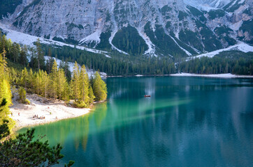 Pragser Wildsee (Lago die Braies, Braies wild like) in die Dolomites, South Tyrol 