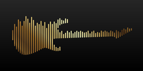 Gold electric guitar shape with equalizer strip lines isolated on a black background. Abstract music instrument concept with audio waveforms. Vector illustration