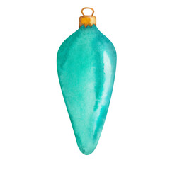 Watercolor illustration hand painted green decorative toy, ball bauble for fir tree, pine for Christmas, New Year isolated. Winter clip art element for design postcard, packaging paper, textile