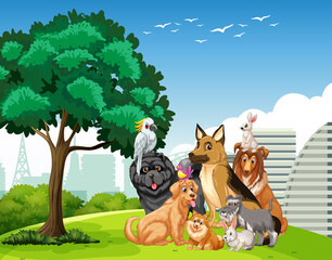 Obraz na płótnie Canvas Group of pet in the park scene