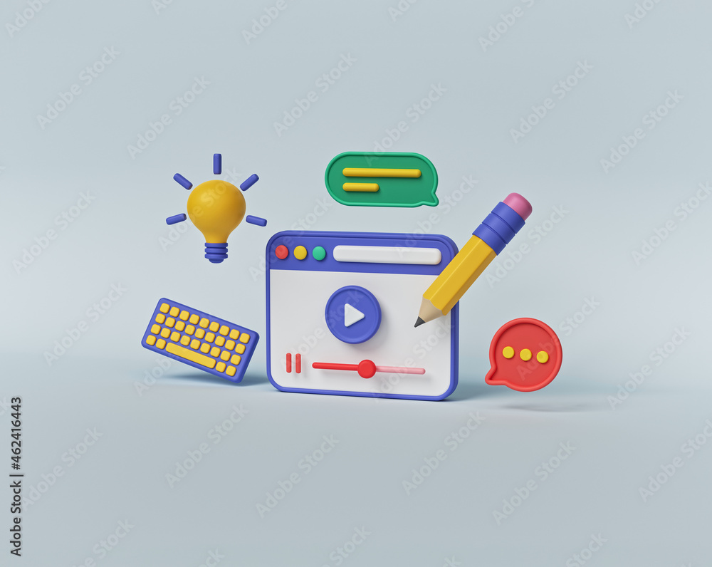 Poster online video tutorial, e learning, web courses concept. minimal cute 3d elements. 3d rendering