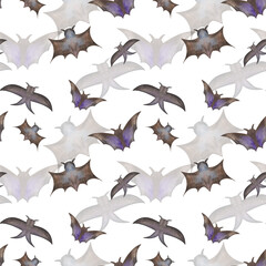 Fototapeta premium Watercolor seamless pattern from hand painted illustration of flying black bat with spread wings for Halloween isolated. Animal print for design making postcards, packaging paper, fabric material