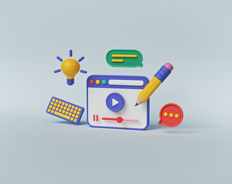 online video tutorial, e learning, web courses concept. minimal cute 3d elements. 3d rendering